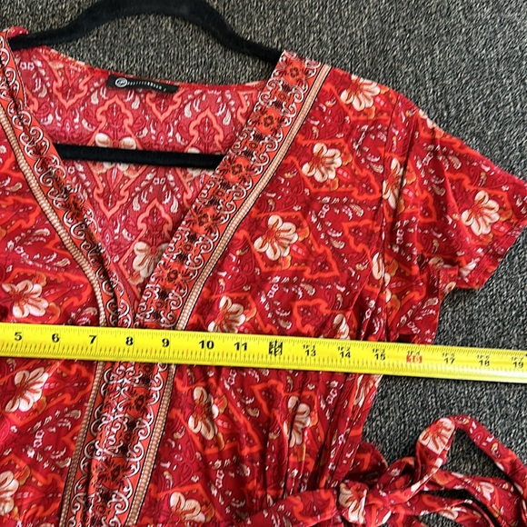 PRETTY GARDEN MAXI DRESS Red, Tan, Cream Wrap Side Tie Deep V neck Size Small - Picture 6 of 8